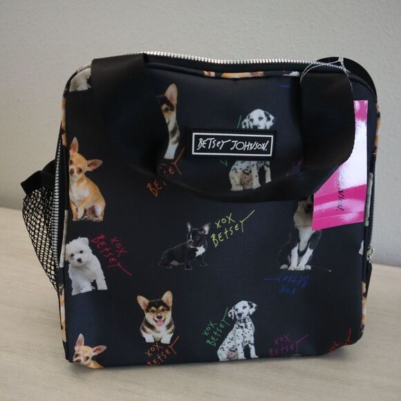 Betsey Johnson TBJ-1286 Black Allover Dogs Insulated Lunch Tote W/Mesh Pouc - Picture 1 of 8